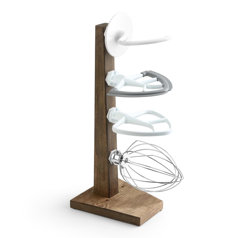 Besuerte Stand Mixer Attachment Holder, Wooden Counter Stand Holder with 4-pack Plastic Hangers Kitchen Accessories Storage Organizer Compatible with Kitchenaid Mixer Attachments for Space-saving