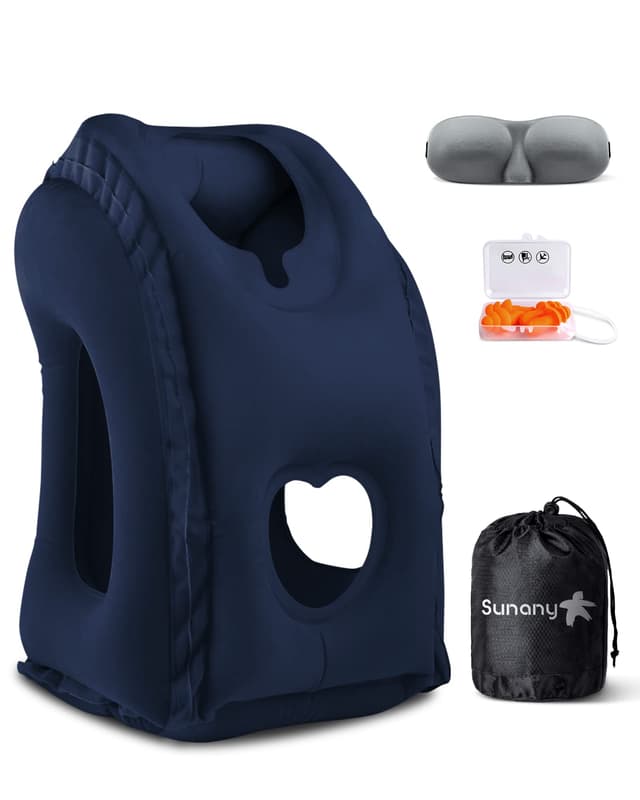Sunany Travel Pillow, Inflatable Neck Pillow Used for Airplanes/Cars/Buses/Trains/Office Napping with Eye Mask/Earplugs (Blue)