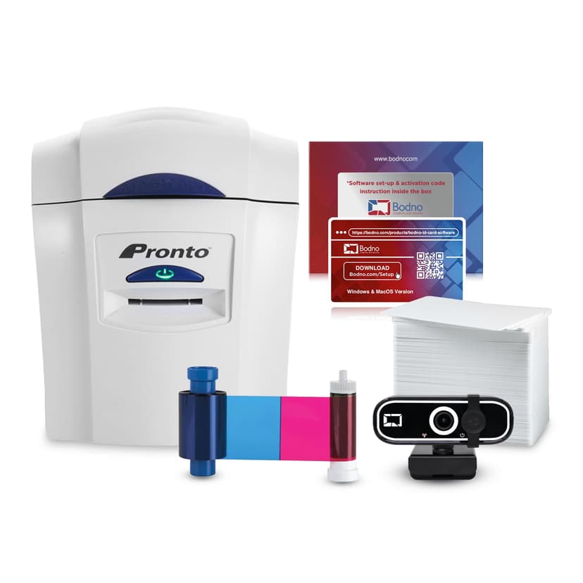 Bodno Magicard Pronto ID Card Printer & Complete Supplies Package ID Software and Camera - Silver Edition
