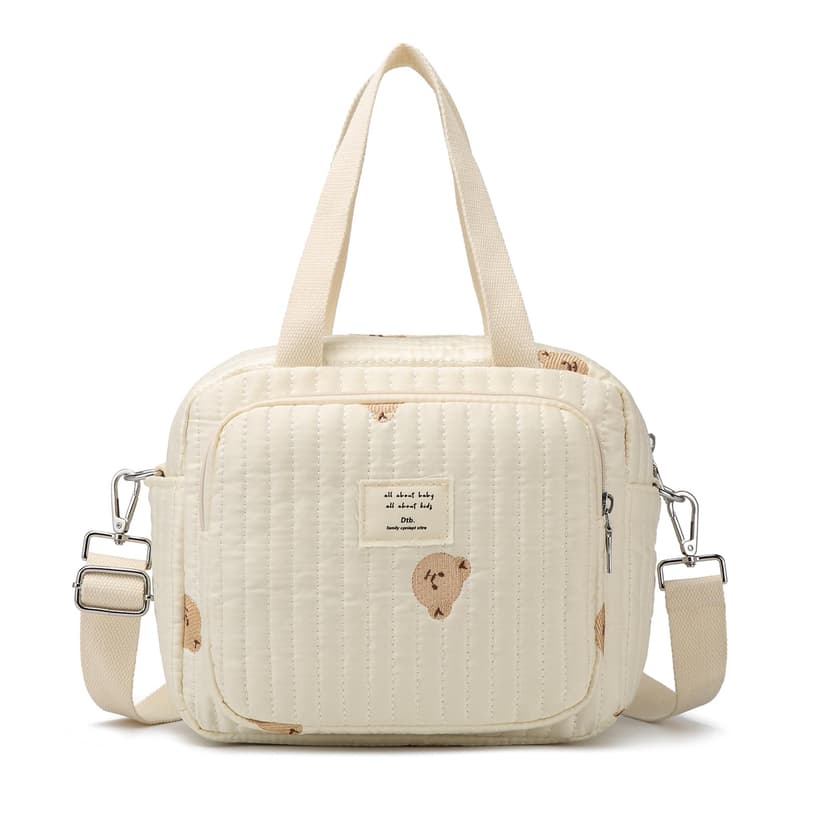 Small Diaper Bag Tote, Crossbody Diaper Bag Mini Purse with 7 Pockets, Travel Baby Bag for Boys & Girls, 2 Bottle Pocket, Off White