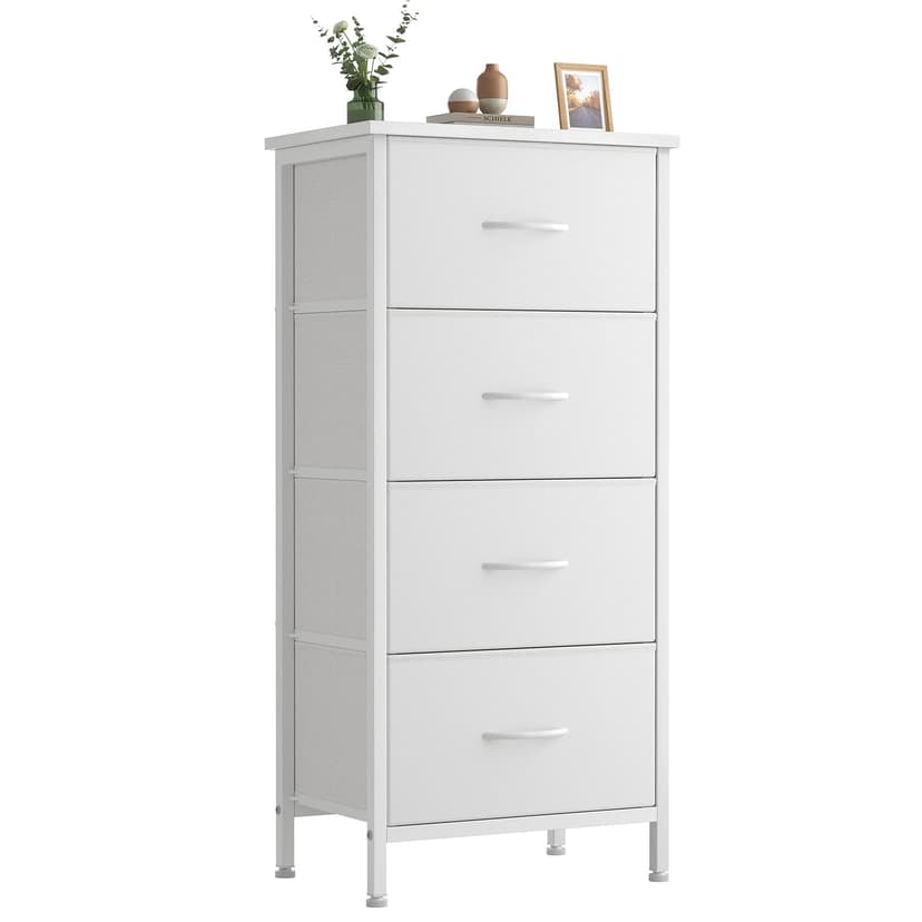 Sweetcrispy 4 Fabric Drawer Small Dresser, Bedside Nightstand with Wooden Top Sturdy Frame, Entryway Closet Bedroom Storage Cabinet Furniture for Dorm,White