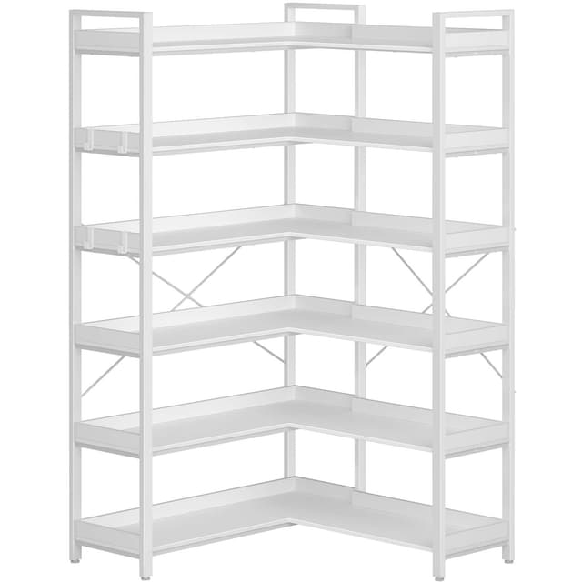 Rolanstar Bookshelf 6 Tier with 4 Hooks, Reversible Corner Bookshelf, 69" Industrial Wooden Bookcase with Open Shelves and Metal Frame for Living Room, Bedroom, Home Office, White