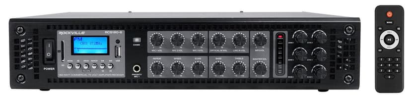 Rockville RCS180-6 180W 6-Zone 70v Commercial Amplifier, Bluetooth, USB/SD/RCA, Mic, Optical Inputs, FM, for Restaurants/Offices