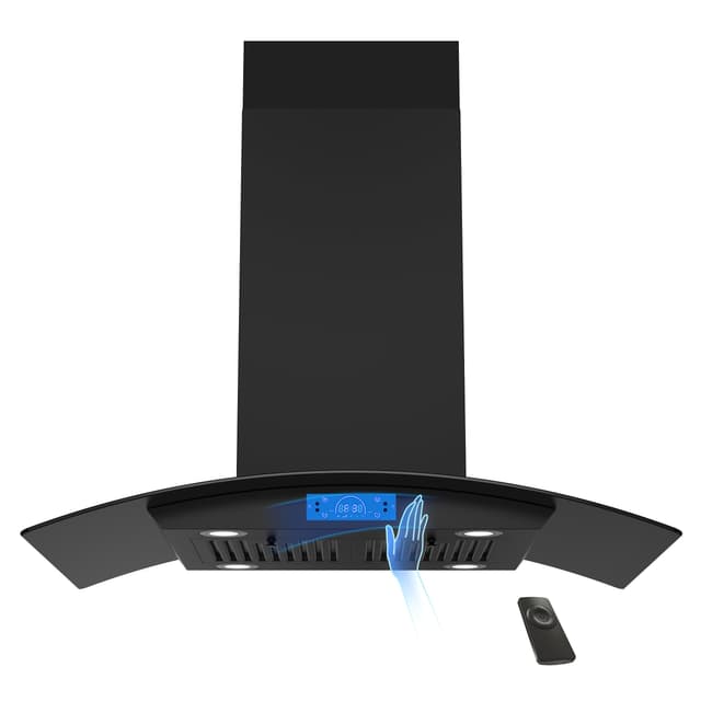 FIREGAS Black Island Range Hood 36 Inch, 700 CFM Ductless/Ducted Ceiling Mount Range Hood with 3 Speed Fan, Gesture, Remote & Touch Control, LED Light Vent Hood for Kitchen