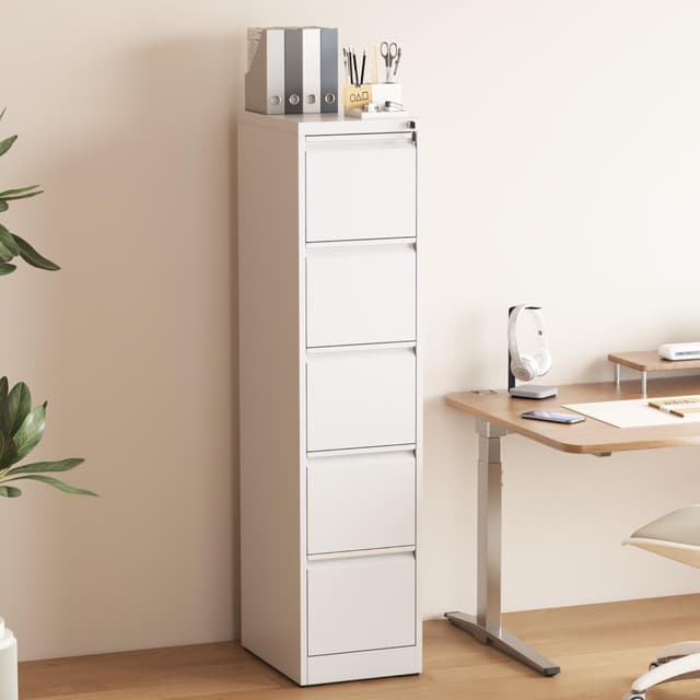 Glyxxen 5 Drawer File Cabinet with Lock, Vertical Filing Cabinets for Home Office, Metal Storage Cabinets, Heavy Duty File Cabinet for Letter/Legal/A4/F4 Size Amsseble Required, White