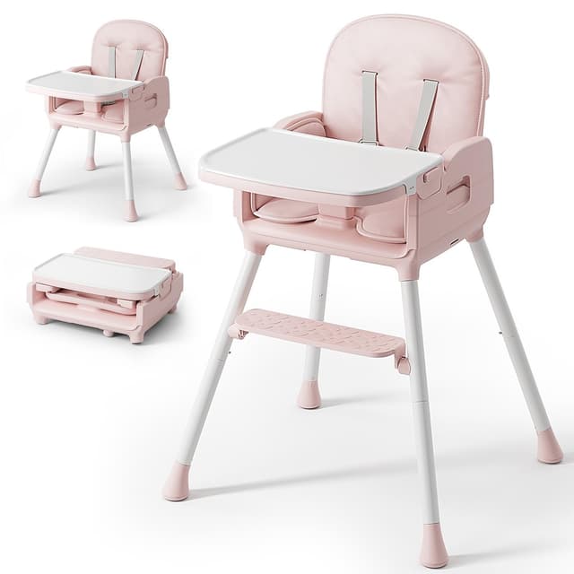 Obee Odee 3-in-1 Portable Baby High Chair for Babies and Toddlers, Convertible Easy Clean Infant Foldable Highchair with Adjustable Legs & Dishwasher Safe Tray, Pink