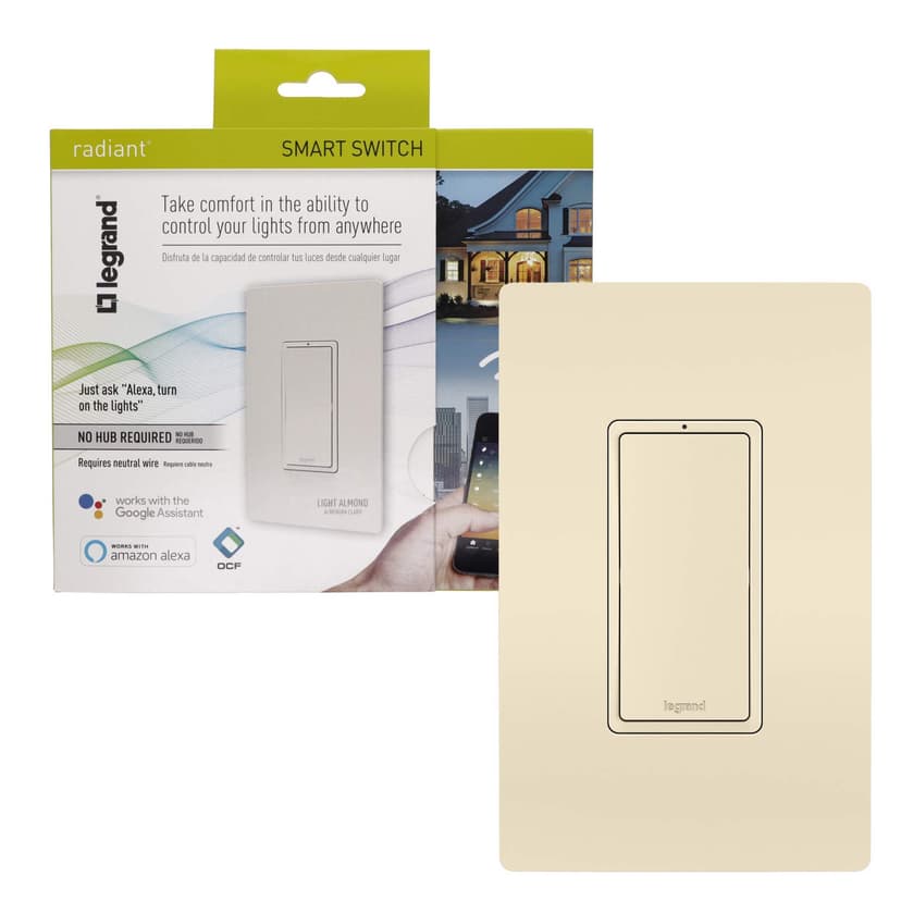 Legrand - Pass & Seymour Radiant WWRL10LACCV2 Enabled, Light Almond Smart Wi-Fi Switch