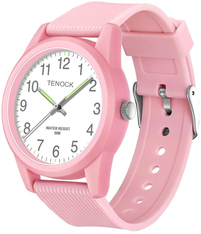 TENOCK Kids Analog Watches for Girls Boys Watches with Soft Band Learning Time 50M Waterproof Children Watch Easy to Read for Ages 4-12 Kids Gift (L-Pink)