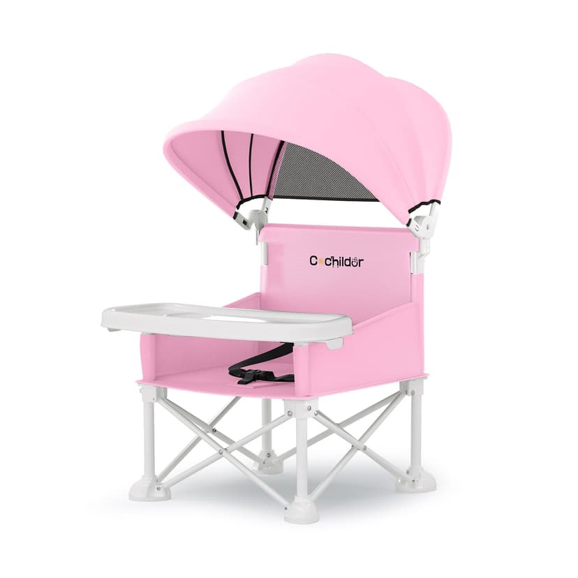 Cochildor 4-in-1 Portable Baby Chair, Foldable Toddler Booster Seat with Removable Tray, Canopy & Safety Harness, Pink