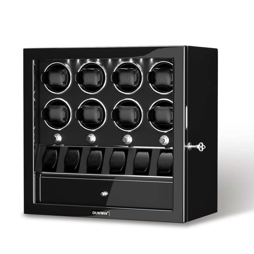 DUKWIN Watch Winder for 8 Automatic Watches,Lockable Watch Winders with Watch Holder and Jewelry Storage, Super Quiet Mabuchi Motor with High-Gloss Piano Lacquer Finish,Built-in Illumination-Black