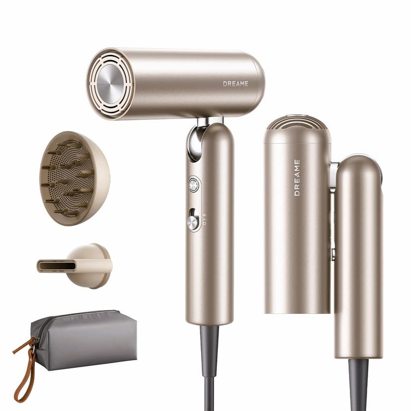 Dreame Pocket Pro Hair Dryer, Dual Voltage Travel Blow Dryer with Diffuser, 1300W Professional HighSpeed Ionic Hair Blower, Fast Drying, Low Noise, Lightweight, No Heat Damage, Global Travel 120V/240V