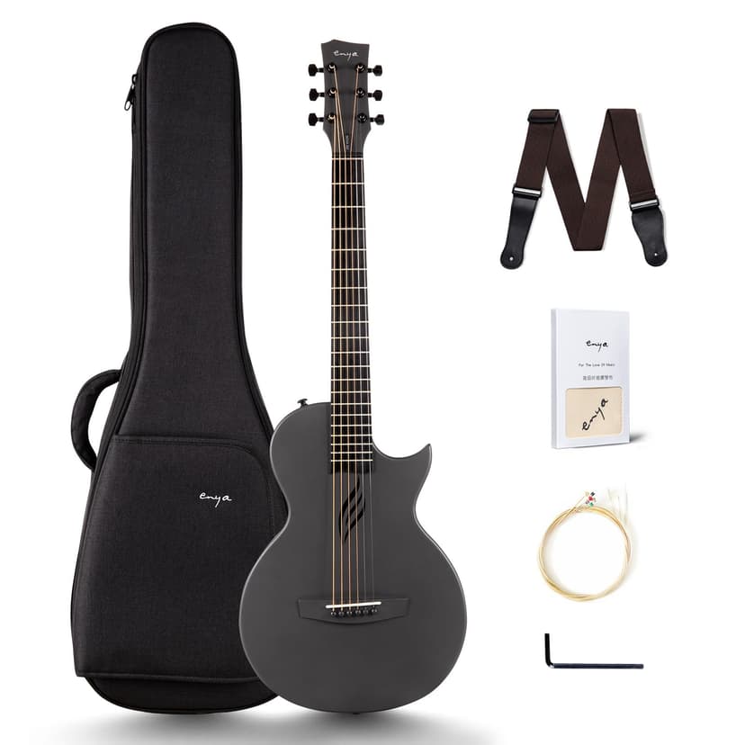 Enya Nova Go Carbon Fiber Travel Acoustic Guitar | 1/2 Size Lightweight Moisture-Proof Guitara | Adult & Beginner Portable Guitar with Gig Bag & Accessories (Black)