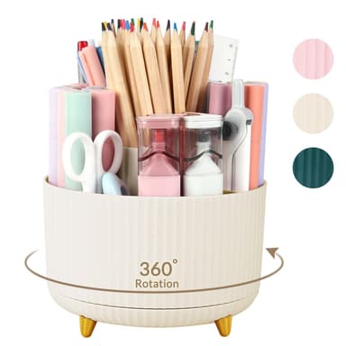 SKYDUE 360 Rotating Plastic Desk Pen Organizer with 5 Slots, Dual-Purpose Art Supply Pencil Cup for Office, School, Home