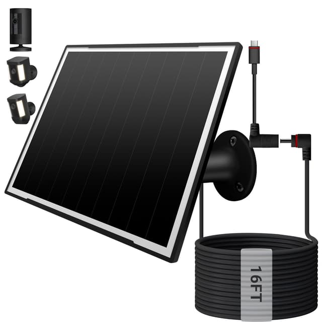 Solar Panel for Ring Camera/Wyze Cameras, 8W Solar Charger Compatible with Stick Up Cam Pro/Plus & Spotlight Cam (Battery) Plus/Pro - Waterproof, 16ft Long Cable, DC3.5mm & USB C Ports, Black