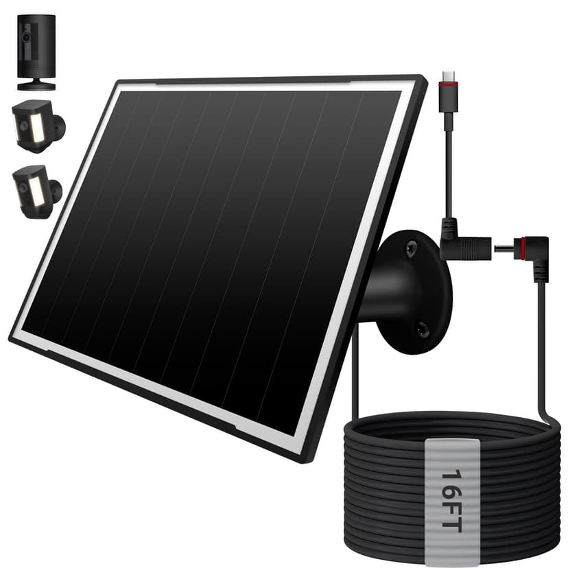 Solar Panel for Ring Camera/Wyze Cameras, 8W Solar Charger Compatible with Stick Up Cam Pro/Plus & Spotlight Cam (Battery) Plus/Pro - Waterproof, 16ft Long Cable, DC3.5mm & USB C Ports, Black