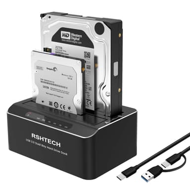 RSHTECH Hard Drive Docking Station Aluminum USB-C/USB 3.0 to SATA Dual Bay Hard Drive Dock for 2.5 or 3.5 inch HDD SSD, with 2-in-1 USB Cable, Support Offline Clone, UASP and 2x22TB, RSH-DS01C