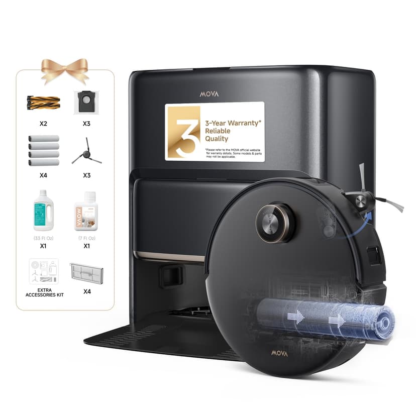 Mova Z60 Ultra Roller Complete Robot Vacuum and Mop, 28,000Pa Suction, 3.14in Obstacle Crossing, AutoShield for Carpet Protection, Zero Tangling Duobrush, Extendable Roller & Side Brush