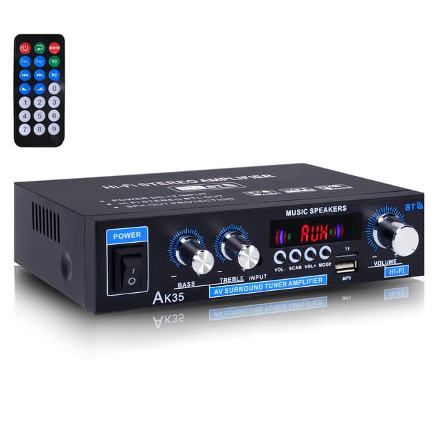 AK35 200W Stereo Audio Amplifier Bluetooth 5.0, 2.0 Channel Mini Amplifier Stereo Receivers with Bass & Treble Control,Home Amplifier w/AUX, USB, SD Card Input,Remote Control
