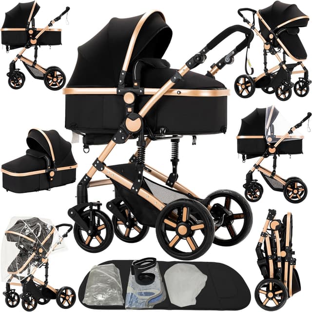 2 in 1 Baby Stroller, Convertible Pram, Reversible Standard Baby Stroller, Portable Baby Buggy, Infant Carriage, Foldable High Landscape Pushchair for Toddler Newborn (2US588-BG)