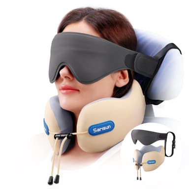 SARISUN Travel Neck Pillow,Real Neck Support Travel Pillow with Strap,Combo 3D Eye Mask for Sleep,Dual-Density Supportive Foam Neck Pillow for Airplane Flights,Car Road Trip Travel Essentials Beige
