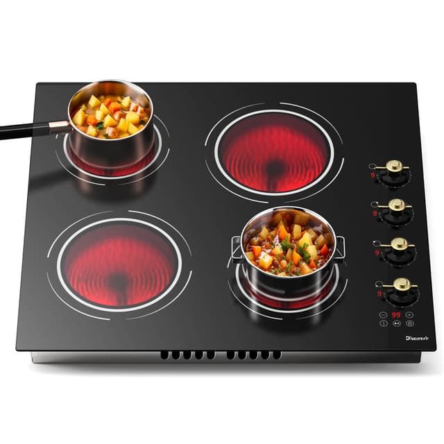 Disaenvir 24 Inch Electric Cooktop - 4 Burner Drop-in(22.05"x19.3") Ceramic Stove Top 6000W, 220V Electric Stove, 9 Power Level, Pause, Safety Lock, Touch & Knob Control, 240V Hard Wired (No Plug)