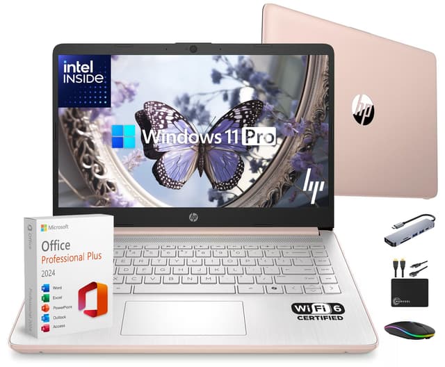 HP 14" Laptop Thin and Light for 2026 Student Business with Office Suite, Copilot AI, Intel CPU Up to 2.8GHz, 16GB RAM, 628GB Storage (128GB SSD+500GB Ext), WiFi 6, Win 11 Pro, MarxsolAddon, Rosegold