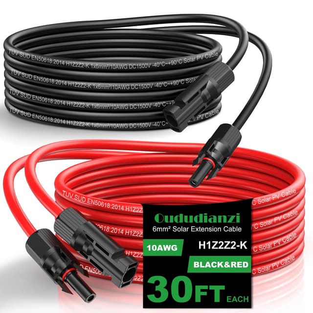 Oududianzi Solar Extension Cable 30Ft 10AWG, Solar Wire, 10 Gauge Tinned Copper PV Wire, Solar Panel Cables with Waterproof Male and Female Connectors for Home Boat RV Solar Photovoltaic Systems