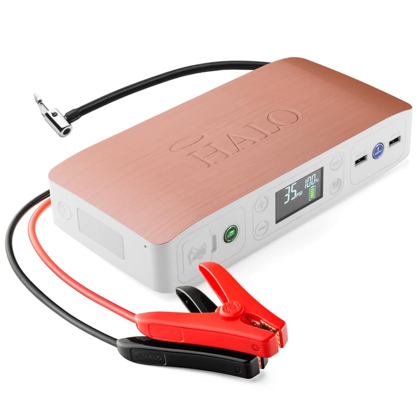 HALO Bolt Air 58830 Portable Car Battery Jump Starter | 100 PSI Air Compressor, 58.8Wh USB Power Bank, Emergency Floodlight & Charger, Jump Cars SUVs & Trucks, Inflate Tires, TSA Approved — Rose Gold