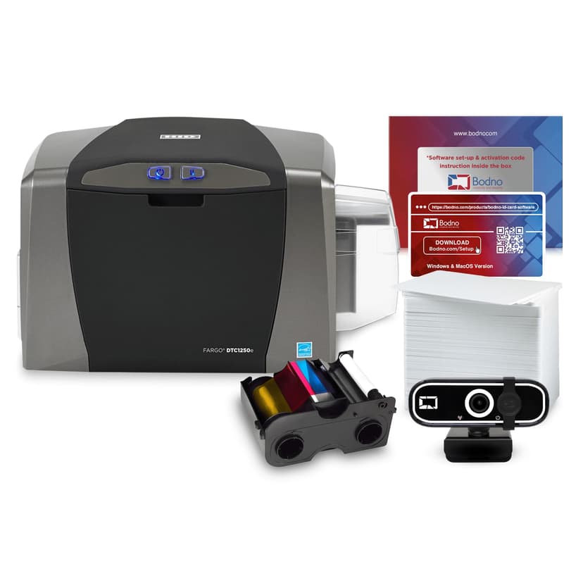 Bodno Fargo DTC1250e Single Sided ID Card Printer & Complete Supplies Package with Silver Edition Software