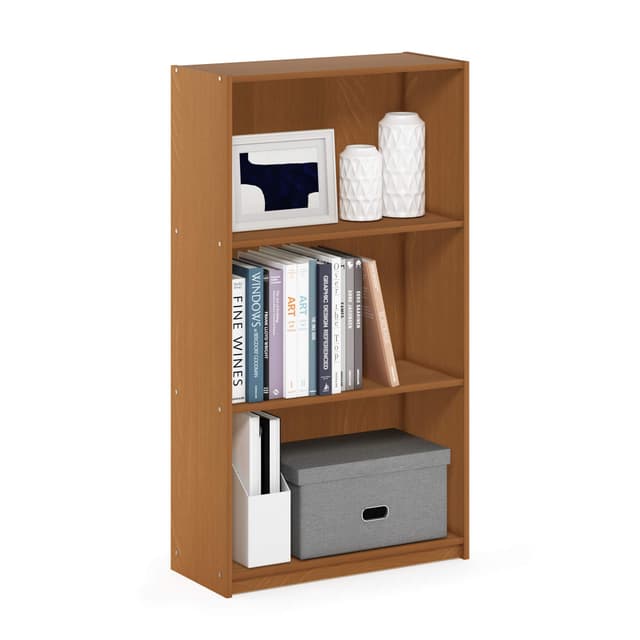 Furinno BASIC Book Shelf, 3-Tier Modern Bookshelf, Bookcase with Open Shelves, 9.3" x 21.8" x 39.5", for Living Room, Bedroom, Home Office, Light Cherry