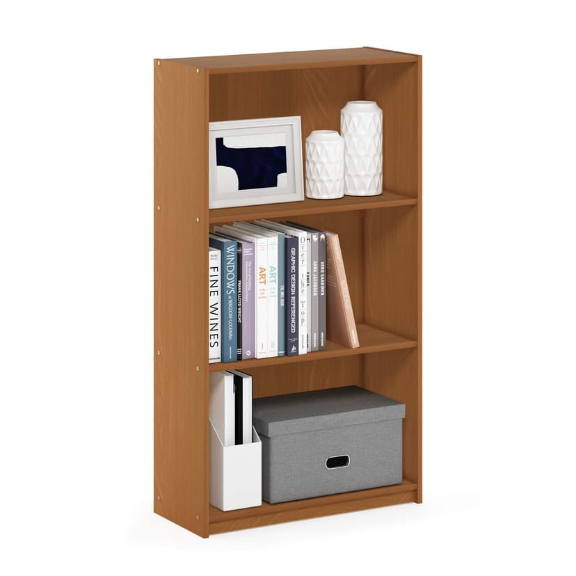 Furinno BASIC Book Shelf, 3-Tier Modern Bookshelf, Bookcase with Open Shelves, 9.3" x 21.8" x 39.5", for Living Room, Bedroom, Home Office, Light Cherry