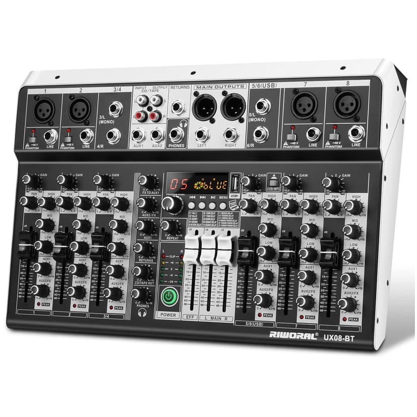 8 Channel Audio Mixer DJ Mixer Sound Board Console 16 Dsp USB Audio Interface MP3 Input +48V Phantom Bluetooth Studio Mixer Audio For Karaoke Streaming Recording