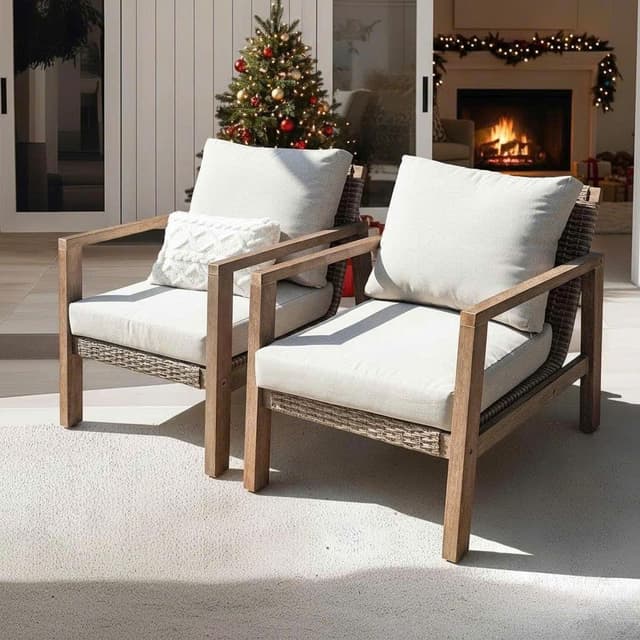 Idzo Olivier Eucalyptus Outdoor Club Chairs Set of 2, 400lbs Heavy Duty Wood Patio Furniture Set, Ergonomic Slanted Backrest Design, 4.5in Thick Cushion