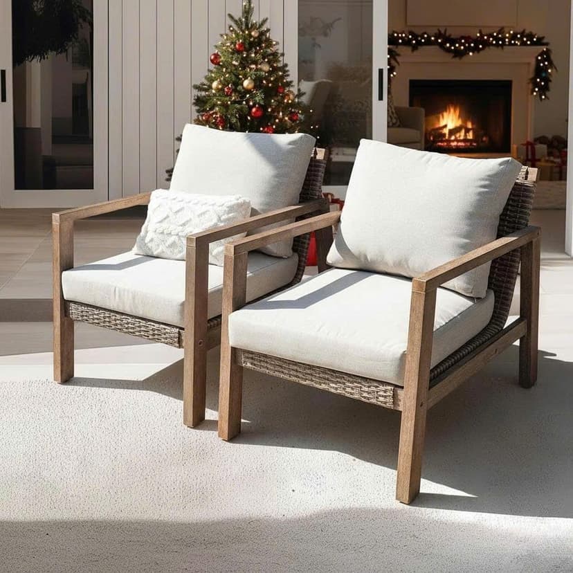 Idzo Olivier Eucalyptus Outdoor Club Chairs Set of 2, 400lbs Heavy Duty Wood Patio Furniture Set, Ergonomic Slanted Backrest Design, 4.5in Thick Cushion