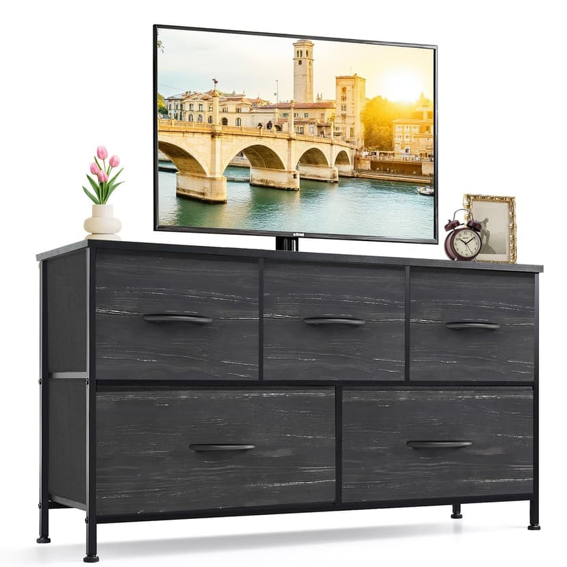 5-Drawer Dresser for Bedroom, Anti-Tip Wide Storage Organizer Fabric Chest of Drawers TV Stand for 45" TV with Wooden Top and Metal Frame for Closet, Living Room, Hallway, Entryway, Charcoal Black
