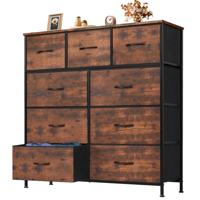 OLIXIS 9 Drawer Storage Dresser with Wood Top - Wide Fabric Chest Organizer for Bedroom, Closet, Living Room,Tower Cabinet, TV Stand, Hallway Entryway Furniture,Brown