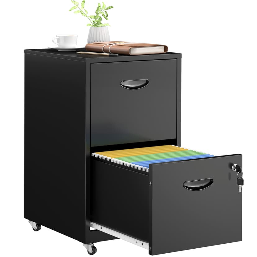 SteeLoong 2 Drawer File Cabinet with Lock,Black Rolling File Cabinet for Home Office, Metal Small Mobile Filing Cabinets on Wheels for Hanging Letter