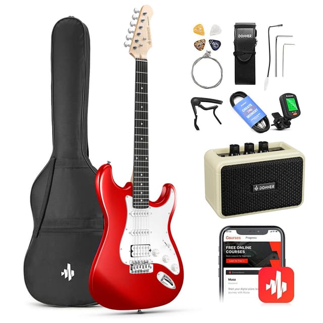 Donner 39-Inch Electric Guitar Starter Kit with Solid Body, HSS Pickup, Accessories, Amplifier, Lessons, and Digital Tuner - Red