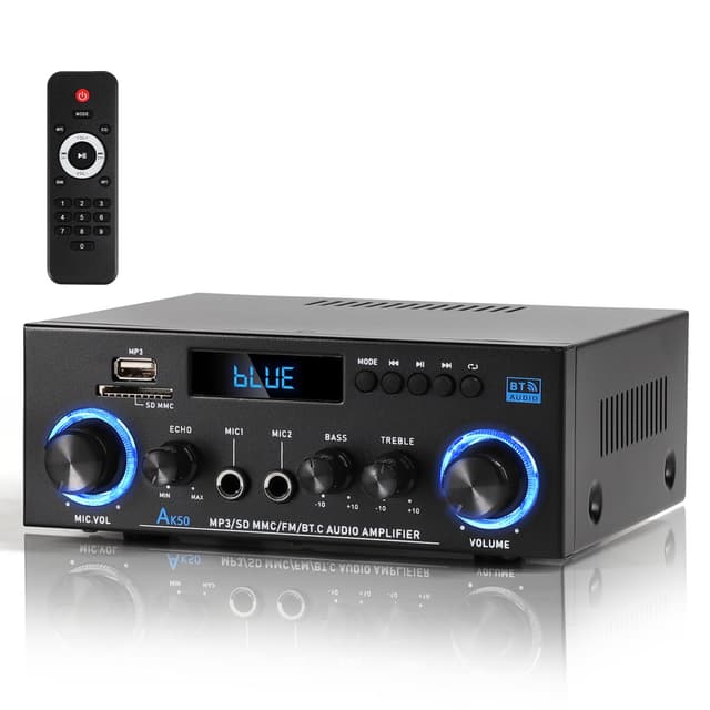Joengoep AK50 Home Audio Amplifier, 400W Home 2.0 Channel Stereo Receiver with Bluetooth 5.0, Active Subwoofer Output, FM Radio, USB/SD/AUX, MIC in with Echo, Remote Control for Passive Speakers
