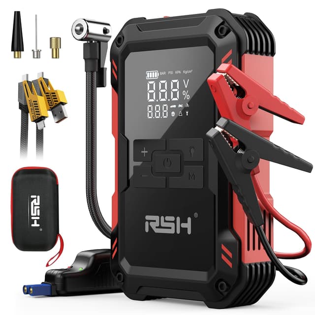 Car Jump Starter with Air Compressor 4000A Peak Battery Jump Starter 14.8V 150PSI Inflator Auto Booster Jump Box (up to 9L Gas,7.0L Diesel Engine),LED Light & 15000MA with USB Quick Charger and Type C