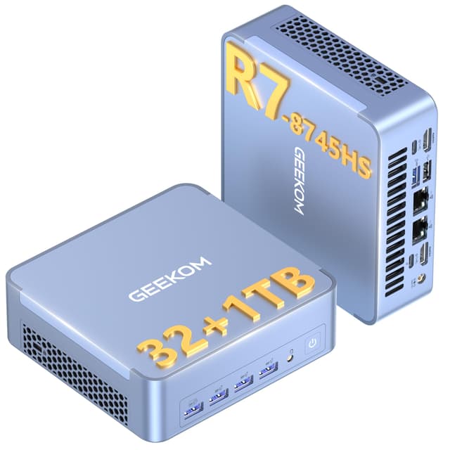 GEEKOM AX8 Max Mini PC with AMD Ryzen 7 8745HS Dual 2.5GbE Lan Port| 32GB DDR5(Upgradable),1TB NVMe SSD(Expandable)| Radeon 780M,USB4.0(40Gbps),Quad Display| Windows 11 Pro Gaming,Office,Video Editing