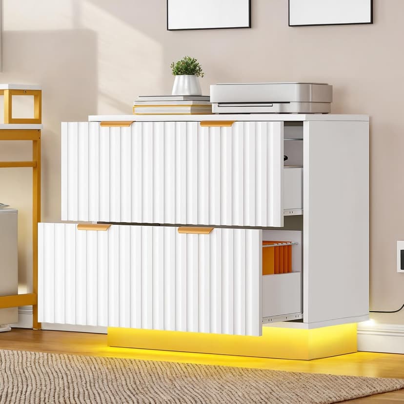 YITAHOME 2 Drawer File Cabinet with Led Light, Modern Filing Cabinet, Large Lateral File Cabinet for Home Office, White