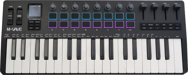 37-key MIDI keyboard controller with 16 backlit drum pads, perfect for music production and beat making with responsive touch sensitivity