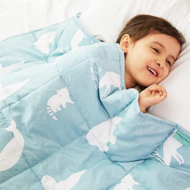 Weighted Idea Cooling Weighted Blanket Kids 7 lbs 41" x 60" (100% Cotton, Blue Animal) with Premium Glass Beads