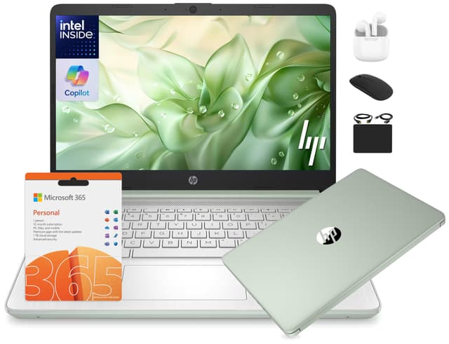 HP 14 Laptop Student Business 2025 Flagship Computer, AI Copilot, 4-Core 13th Gen Intel CPU, 16GB RAM 628GB Storage (128GB UFS+ 500GB Ext), 1-Yr Office 365, Long Battery HubxcelAccessory Win 11S Green
