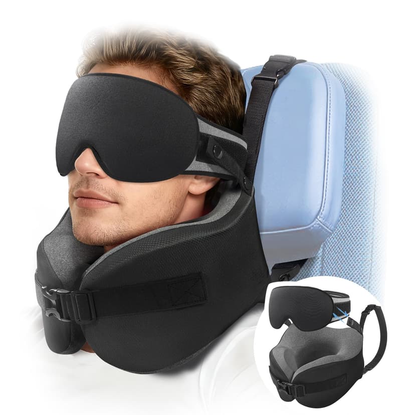 YFONG Travel Pillow for Long Flight Airplanes, Head Strap Combo with 3D Contoured Eye Mask for Sleep, Neck Pillow for Car Trip Essential, 360° Support Memory Foam Headrest, Prevent Head Bobbing, Black