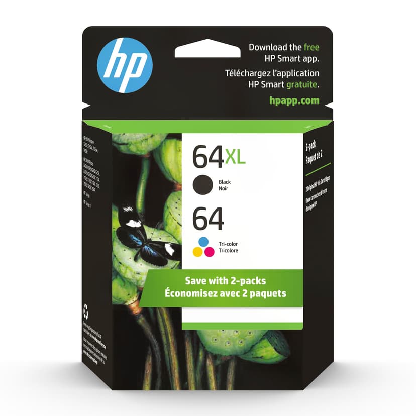 HP 64XL/64 Black High Yield and Tri-Color Standard Yield Ink Cartridges, 2/Pack