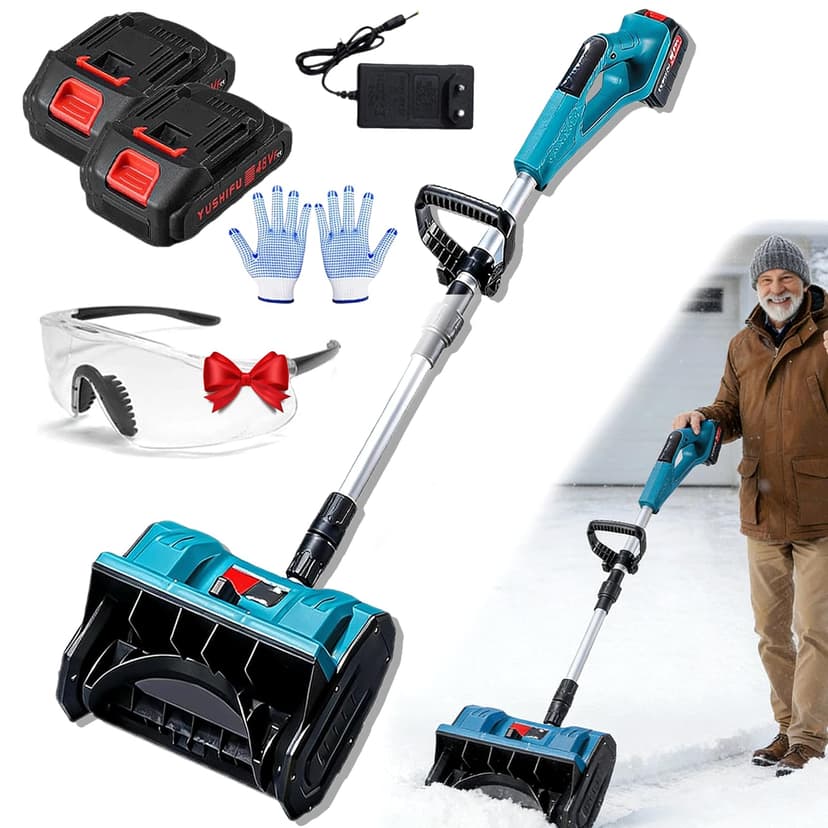 Brushless Snow Shovel Compatible with 21v Battery, 12” Cordless Snow Blower Electric Power Snow Thrower with Battery & LED Light, Adjustable Direction & Handle for Deck Patio Sidewalk (2*Battery)