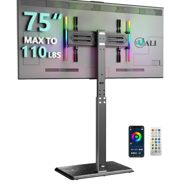 WALI Floor TV Stand with LED Lights, Tall TV Stand Mount for 32-75 inch TV up to 110 lbs, Swivel and Height Adjustable TV Stands with Wood Base for Bedroom, Office(TVDVD-7L), Black
