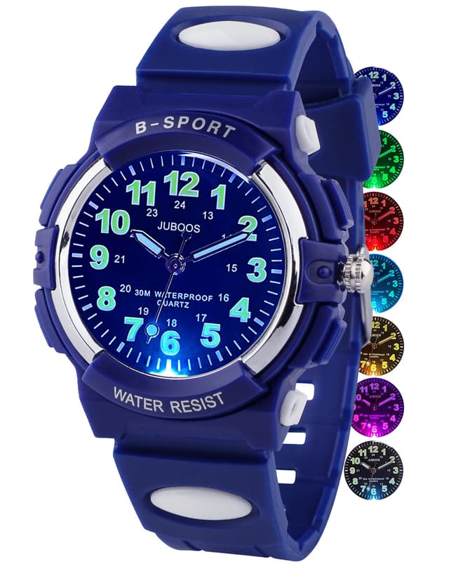 Juboos Kids Watch Analog with 7 Colorful Night Lights Boys Girls Waterproof Soft Strap Kids Time Teaching Quartz Wristwatch for Ages 5-18